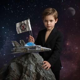 A captivating high-fashion photograph in the style of Pixar depicts a stylish young boy with bright eyes triumphantly plantin