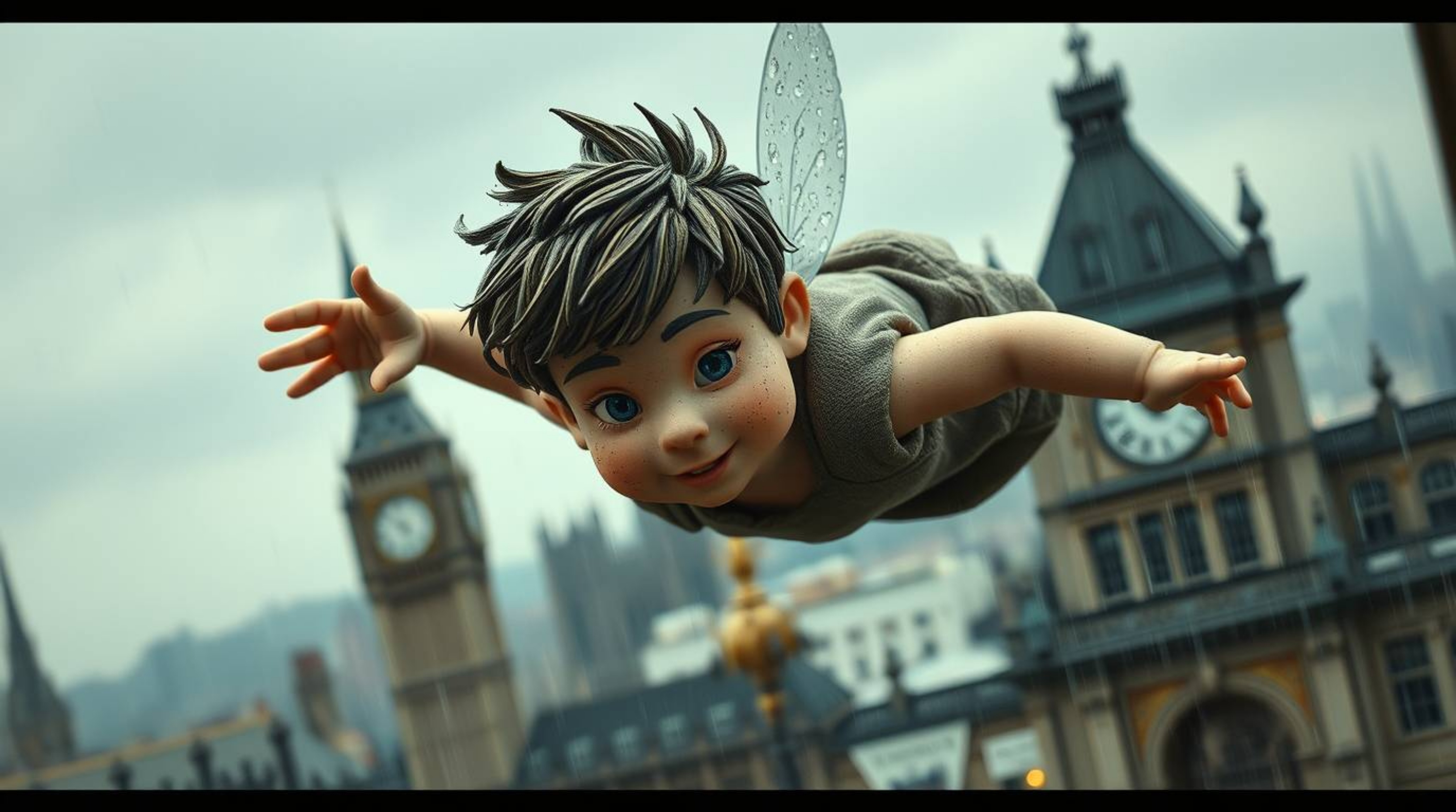 Experience a whimsical scene of a young boy with sculpted papier-mâché features soaring above a rain-slicked London. Fueled b