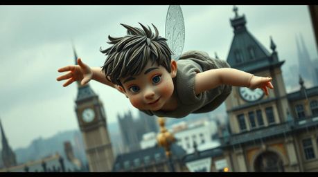 Experience a whimsical scene of a young boy with sculpted papier-mâché features soaring above a rain-slicked London. Fueled b