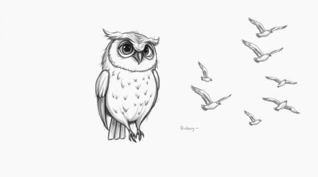 A heartwarming hand-drawn sketch in the style of Pixar depicts a wise, blind owl with soft feathers patiently teaching a floc