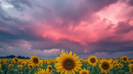 A captivating image of a sunflower field bathed in the soft pastel hues of a dramatic sunset.  The deep red and purple stormy