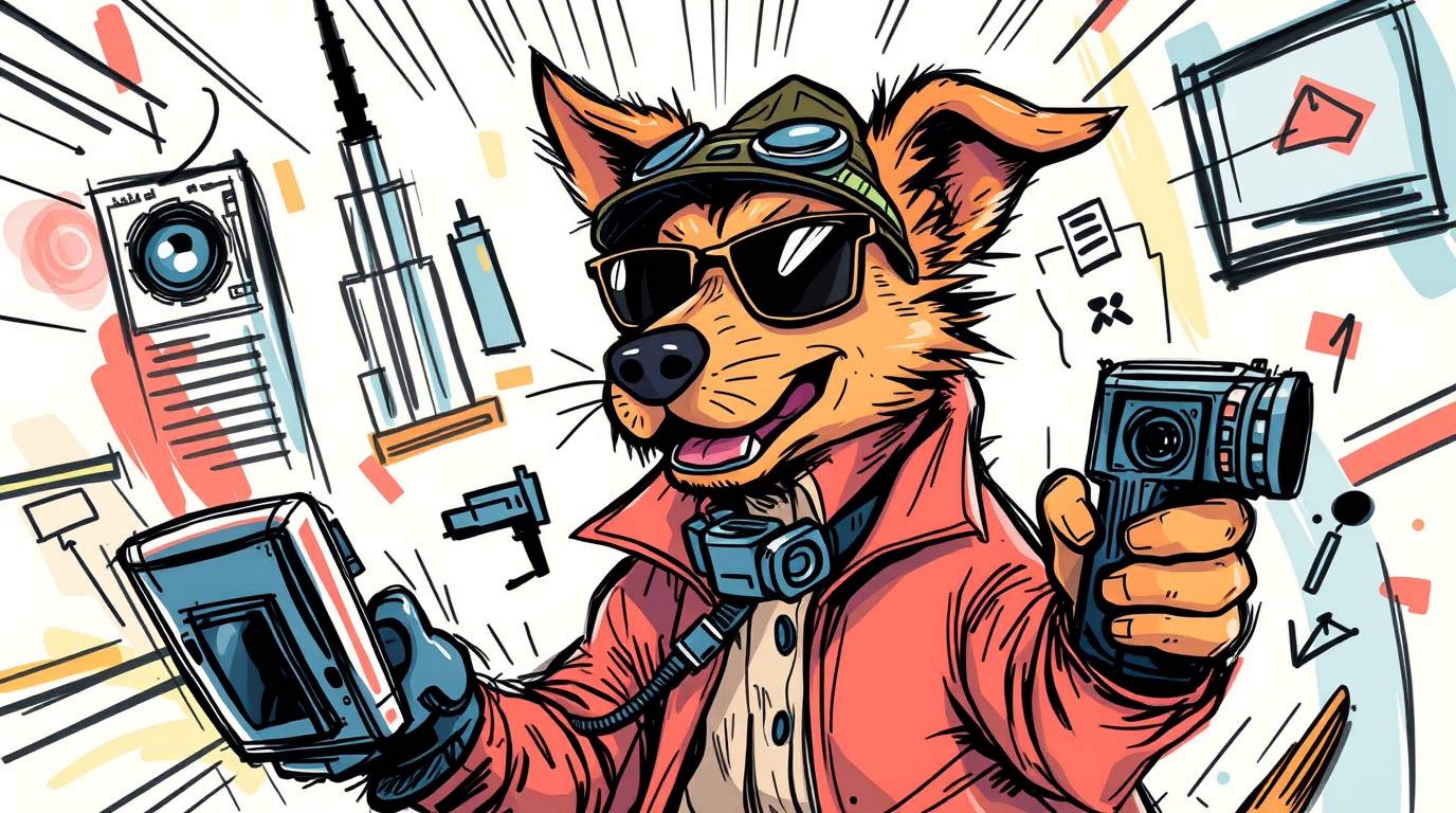 A dynamic hand-drawn sketchnote illustration showcases a dog detective utilizing high-tech gadgets.  The vibrant colors, blur