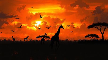 Explore a breathtaking digital sketch of a sunset savanna teeming with silhouetted giraffes. This dramatic scene features int
