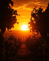 Bathed in high-contrast, low-key lighting, this surreal depiction of a sunset over a vineyard radiates with warm golden hues.