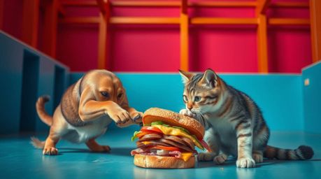 A precisely composed architectural photograph captures a dramatic scene of a dog and cat locked in a fierce struggle over a c