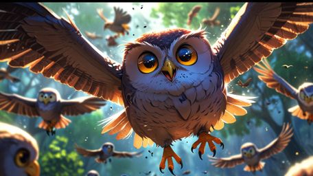 Rendered in a heartwarming style that combines Pixar's charm with anime's expressiveness, a wise blind owl looks on as a youn