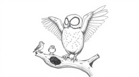 A heartwarming hand-drawn sketch in the style of Pixar depicts a blind owl, its soft feathers detailed with rough pencil stro