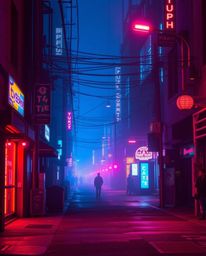 Experience captivating creative light art featuring a pixelated glitch image of a cyberpunk street bathed in rich burgundy an