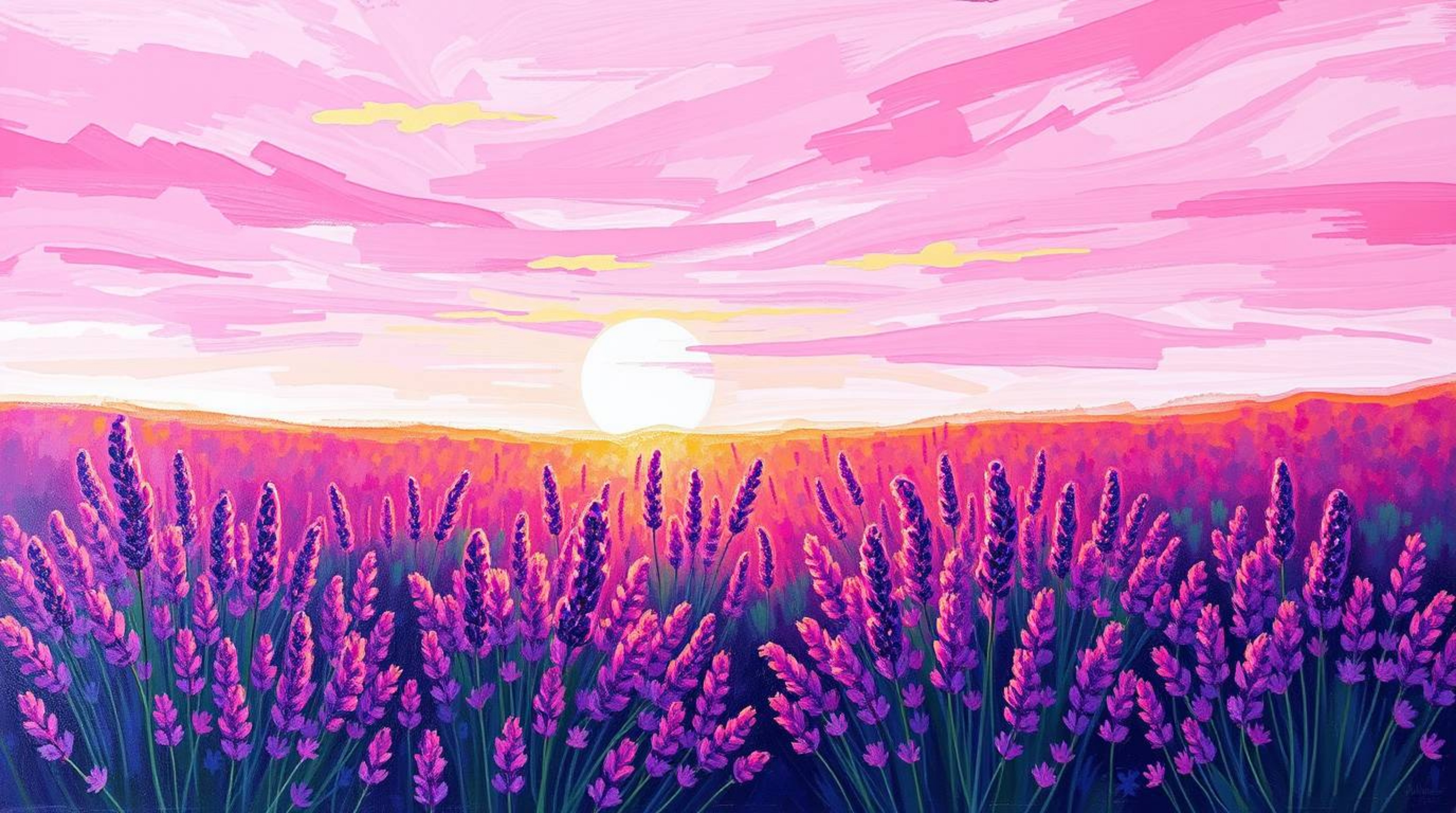 A captivating acrylic painting depicting lavender fields bathed in the ethereal glow of a dreamy pink sky. This artwork featu
