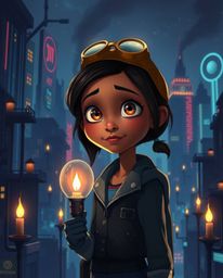 Explore a stunning Pixar-style illustration of a young inventor girl with curious eyes and olive skin, set against a backdrop