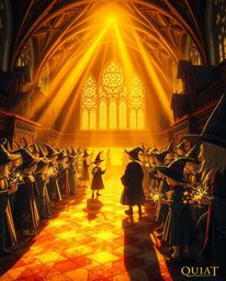 Explore a magical school brimming with young wizards, bathed in warm golden light and showcasing abstract patterns. This uniq