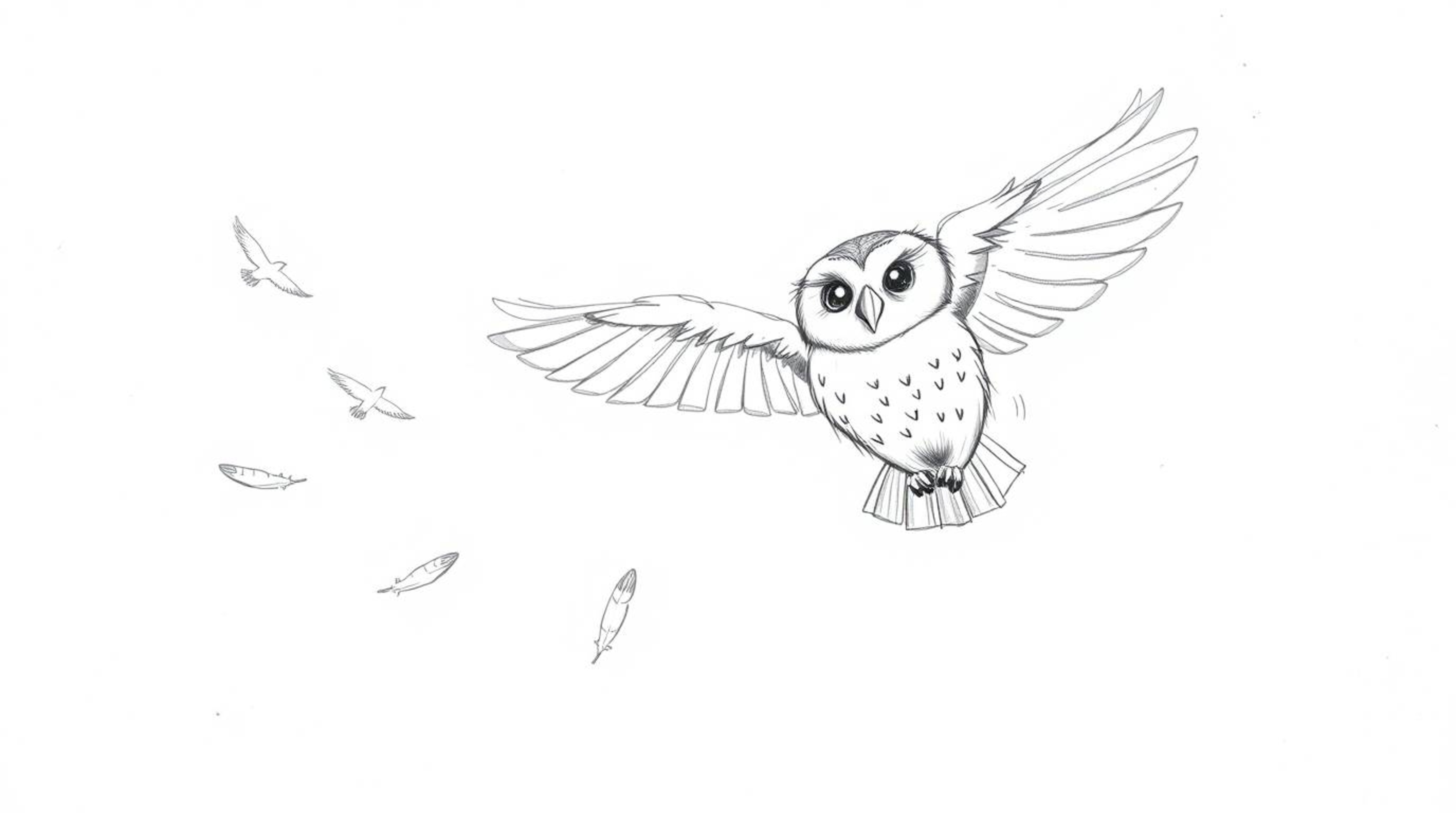 A heartwarming hand-drawn sketch in the style of Pixar depicts a blind owl, its soft feathers gently ruffled, teaching birds 
