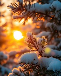 An extreme macro close-up image in warm golden glow, showcasing the radiant detail of sunset light sparkling on snowy pine tr