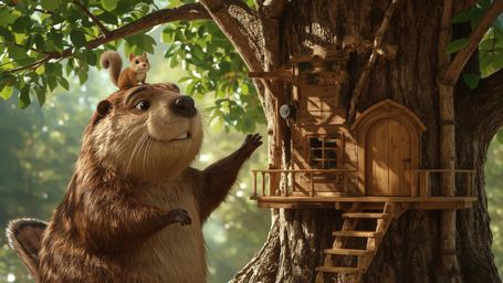 A high-resolution, professionally photographed, commercial-quality image of a beaver in a whimsical, Pixar-inspired setting, 