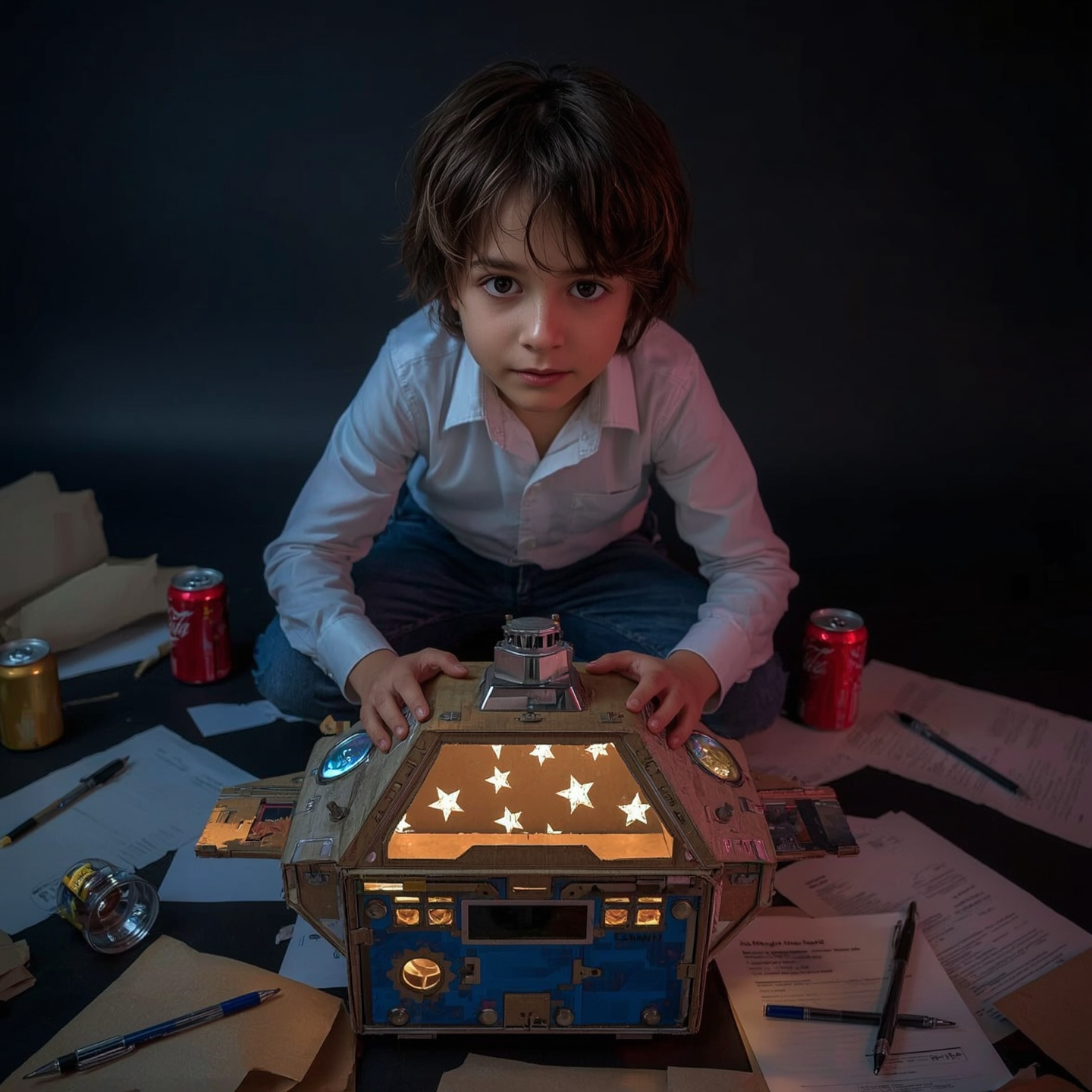 Discover exquisite high-fashion photography of a boy building an intricately designed, flashing-light cardboard spaceship.  S