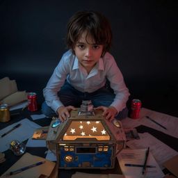 Discover exquisite high-fashion photography of a boy building an intricately designed, flashing-light cardboard spaceship.  S