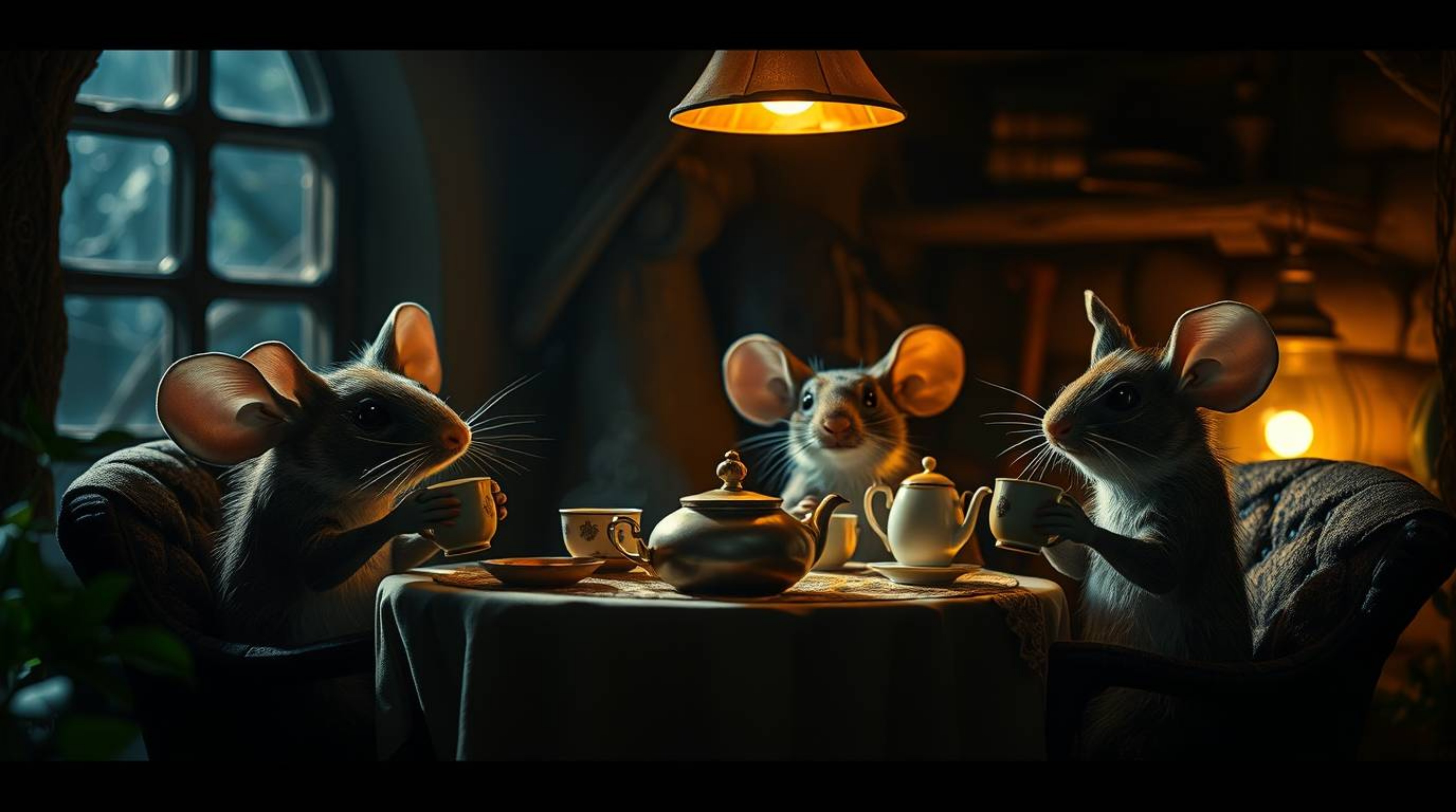 Immerse yourself in a dramatic, cinematic scene featuring anthropomorphic mice enjoying tea in a cozy cottage. High-contrast 