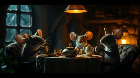 Immerse yourself in a dramatic, cinematic scene featuring anthropomorphic mice enjoying tea in a cozy cottage. High-contrast 