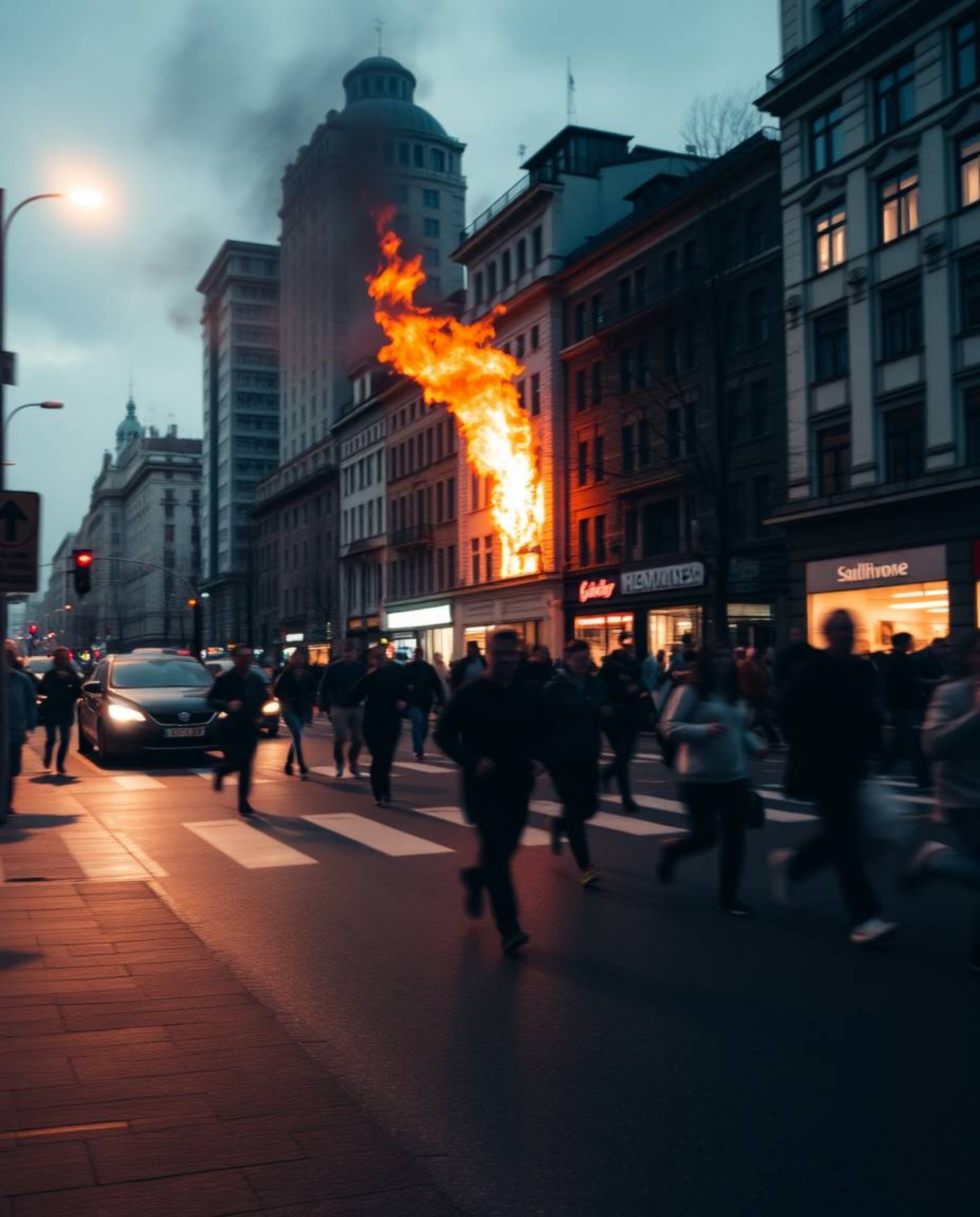 A captivating long exposure photograph depicts a city engulfed in flames, with people running in all directions, creating a s