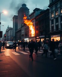 A captivating long exposure photograph depicts a city engulfed in flames, with people running in all directions, creating a s