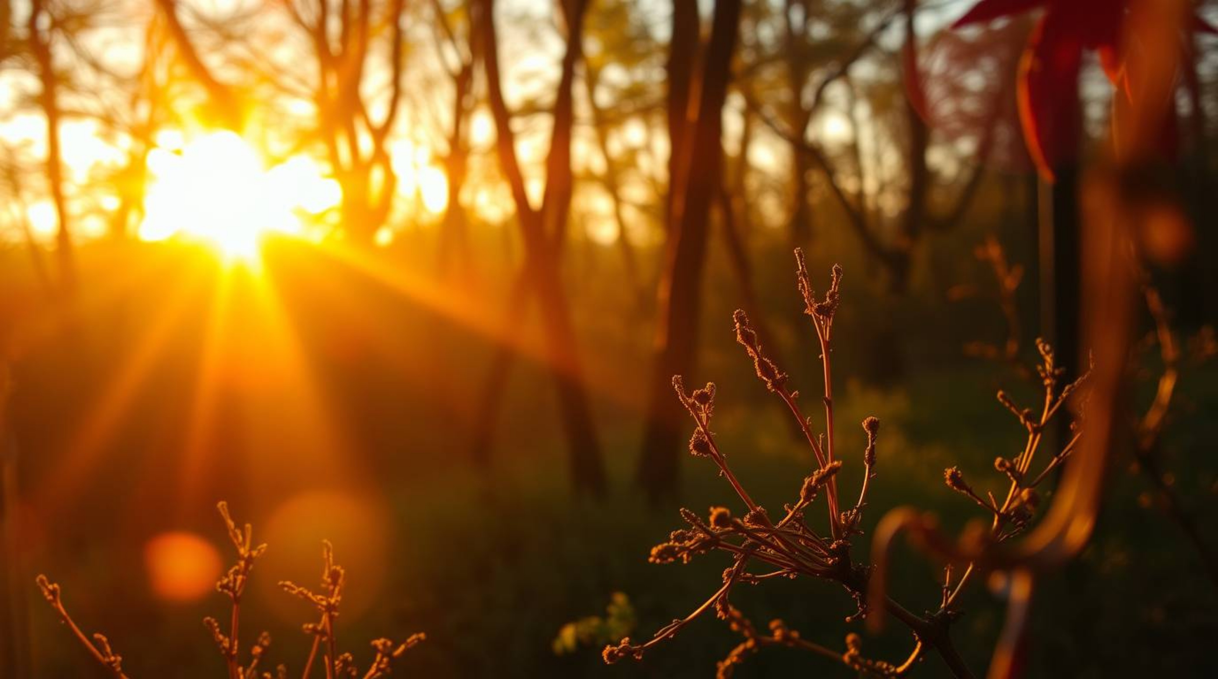 This extreme macro photograph captures a dreamlike and surreal sunset scene within a dense forest.  The image emphasizes fant
