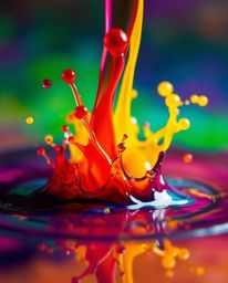 A captivating close-up macro photograph showcases vibrant ink swirling and splashing in water, creating dynamic and colorful 