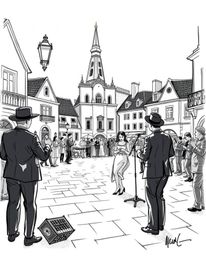 A hand-drawn sketch in classic black and white captures a timeless and elegant musical number performed in a brightly lit tow