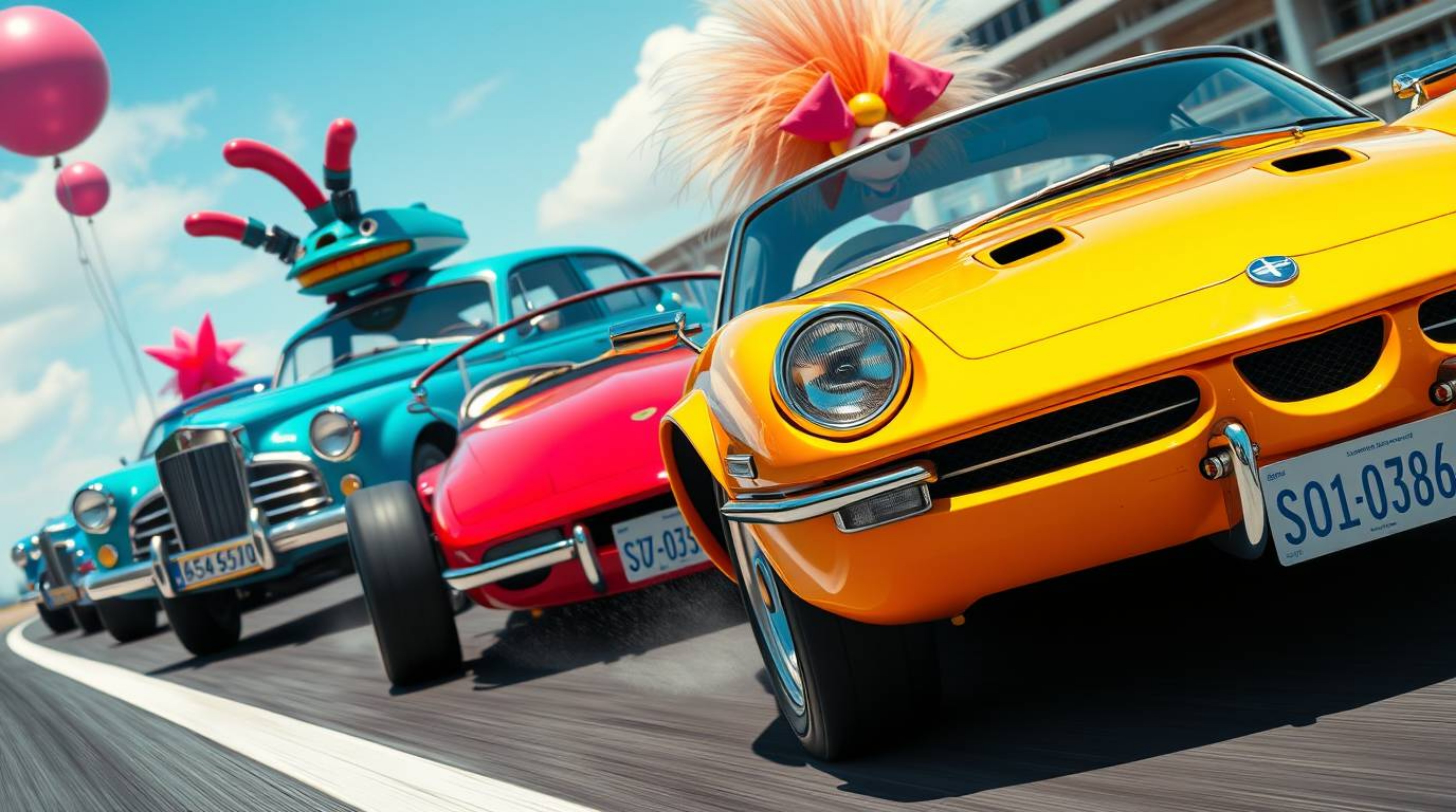Download this high-resolution stock photo showcasing a wacky racing scene filled with outlandish cars boasting refined, elega