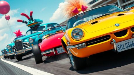 Download this high-resolution stock photo showcasing a wacky racing scene filled with outlandish cars boasting refined, elega