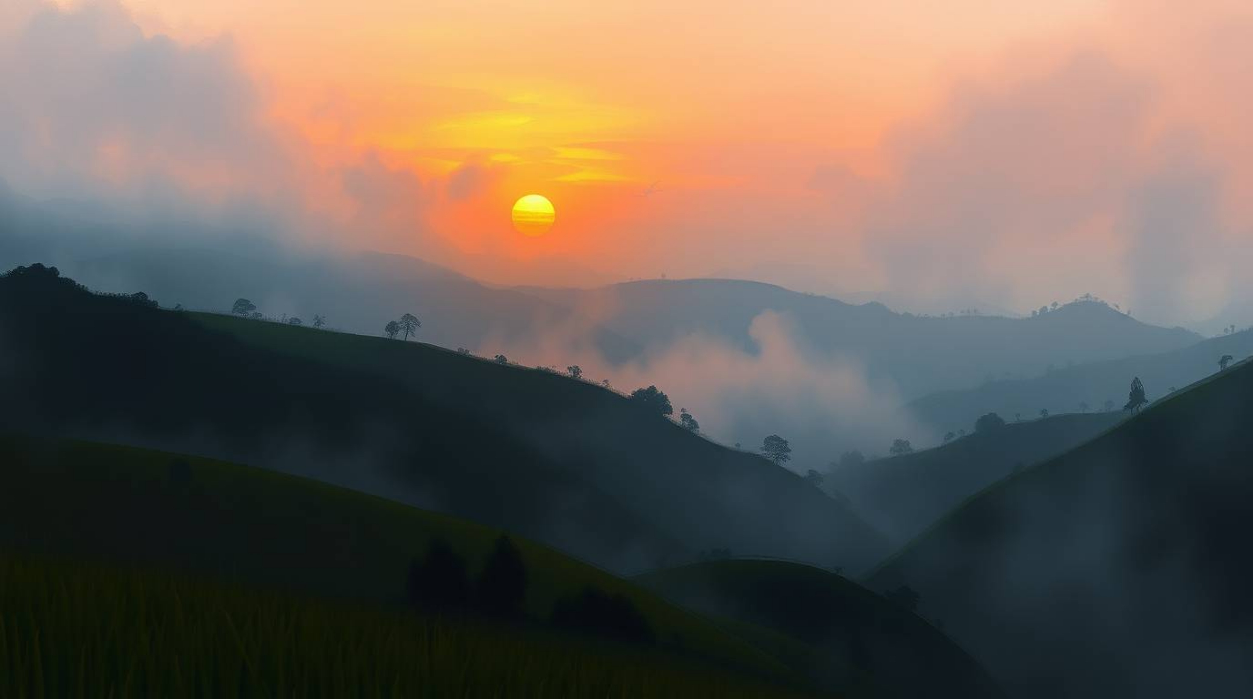 A captivating digital sketch depicting a misty, atmospheric sunset over breathtaking mountainous rice terraces.  The artwork 