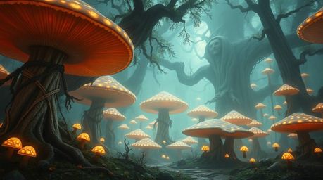 Immerse yourself in a grand, epic scene depicting a vintage-style enchanted forest bathed in the soft glow of luminous mushro