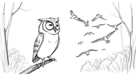 A heartwarming hand-drawn sketch in the style of Pixar depicts a blind owl with gentle features patiently teaching a flock of