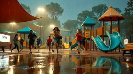 Experience a dramatic slow-motion run through a massive playground.  This epic scene features heroic elements, a striking con