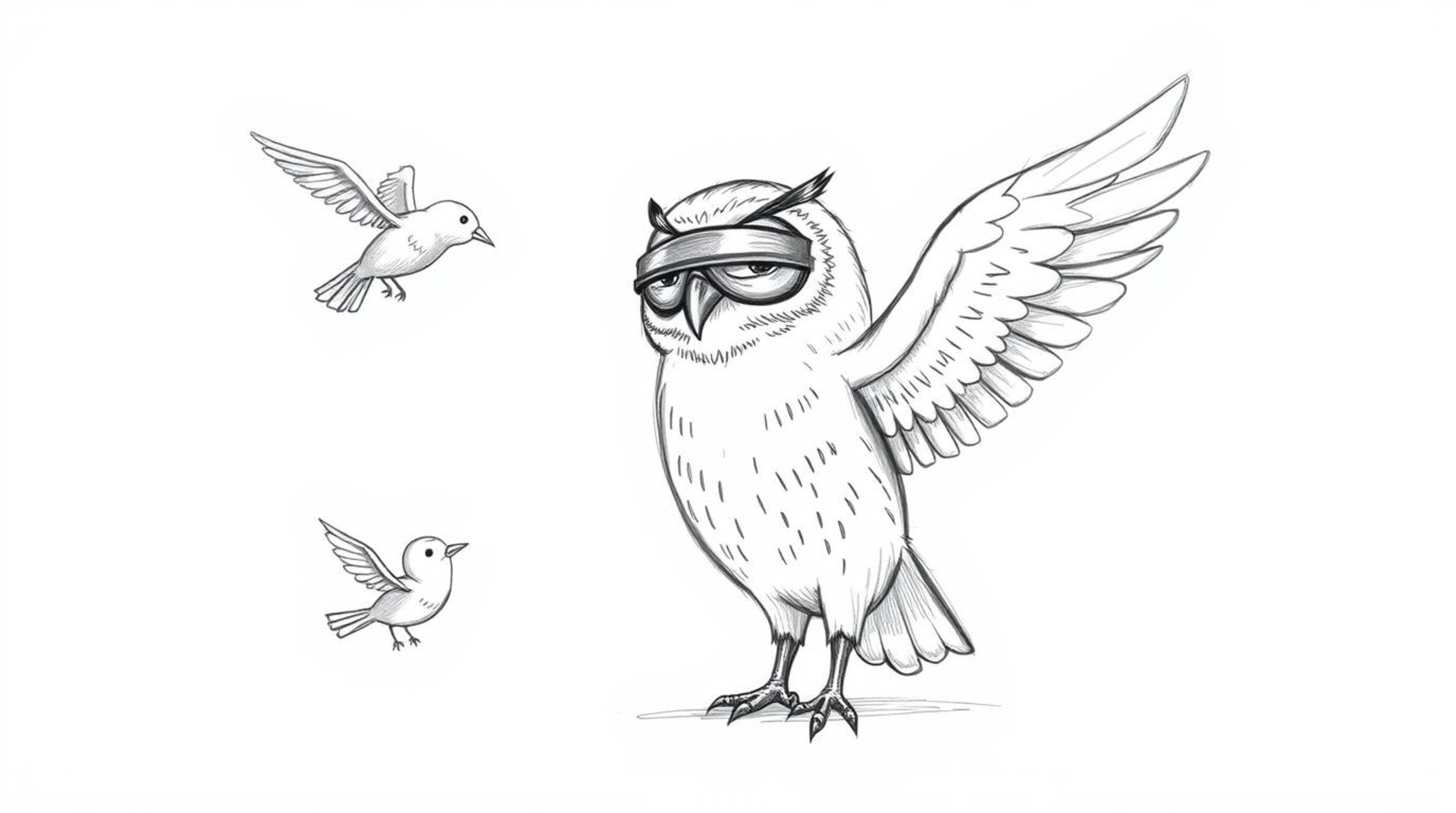 A heartwarming, Pixar-style illustration of a blind owl patiently guiding young birds in flight. The hand-drawn sketch utiliz