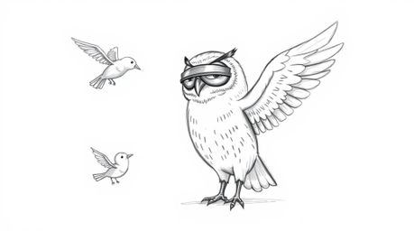 A heartwarming, Pixar-style illustration of a blind owl patiently guiding young birds in flight. The hand-drawn sketch utiliz
