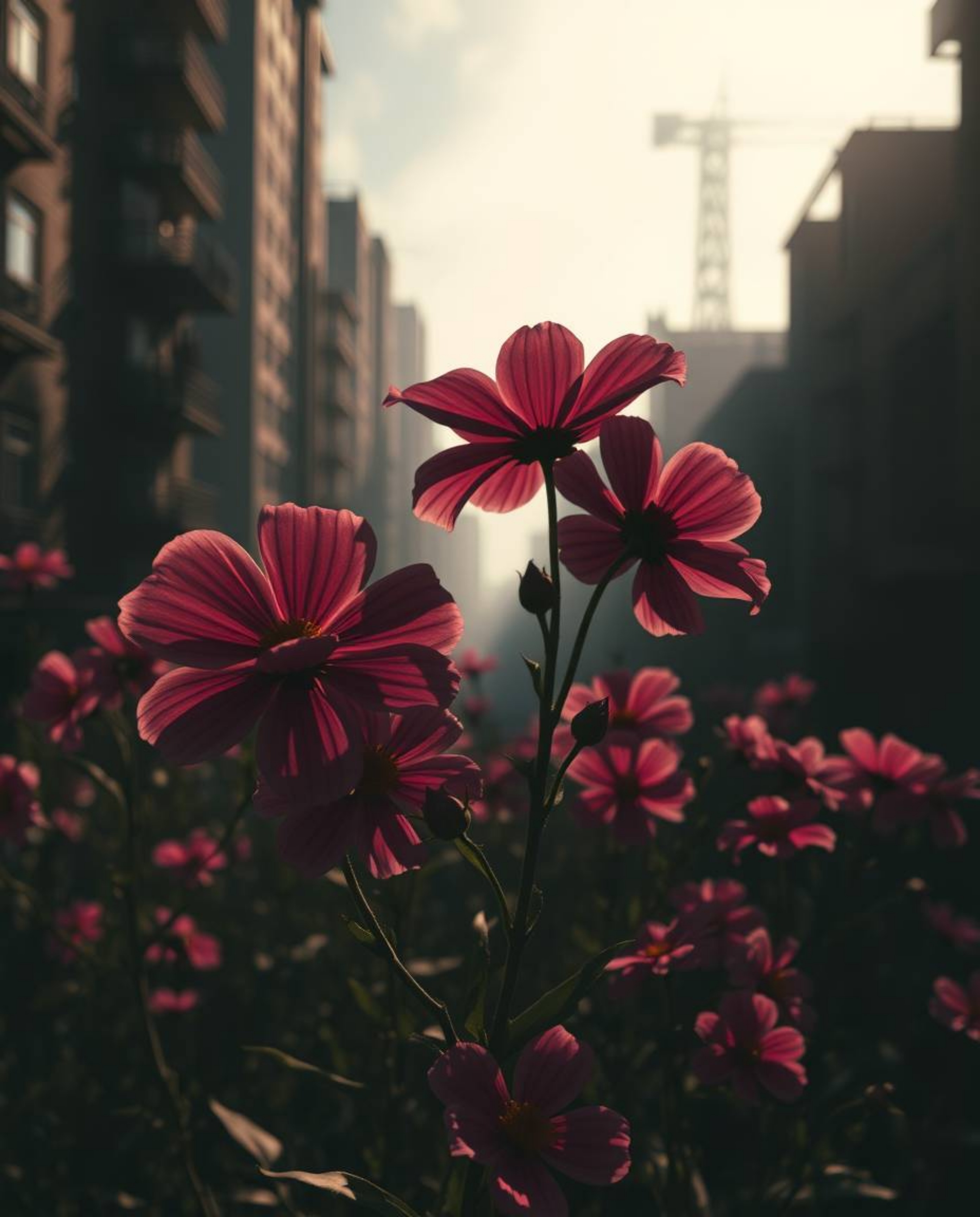 A captivating image showcasing vibrant flowers blooming amidst the ruins of a post-apocalyptic city.  The scene is dramatical