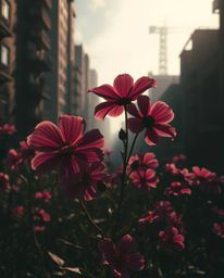 A captivating image showcasing vibrant flowers blooming amidst the ruins of a post-apocalyptic city.  The scene is dramatical