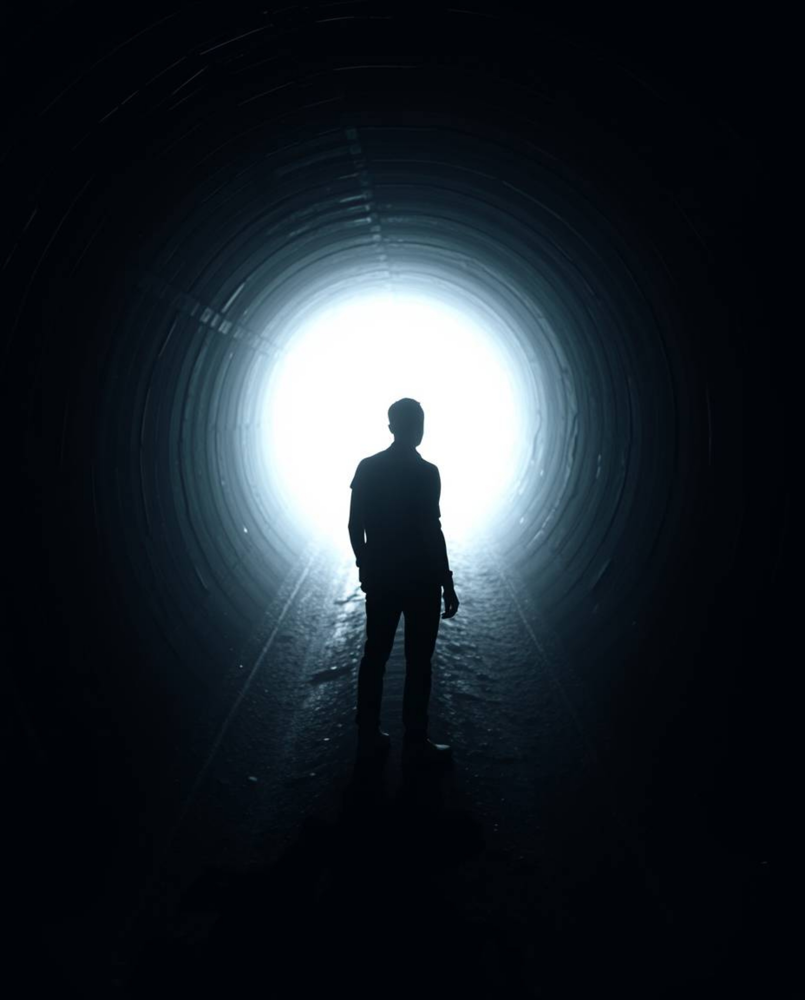 A captivating fine art photograph depicts a person standing at a tunnel's edge, gazing towards a distant light. The image fea