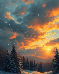 This epic and grand scene painting offers a heroic scale depiction of snowflakes falling during a vibrant sunset. The artwork