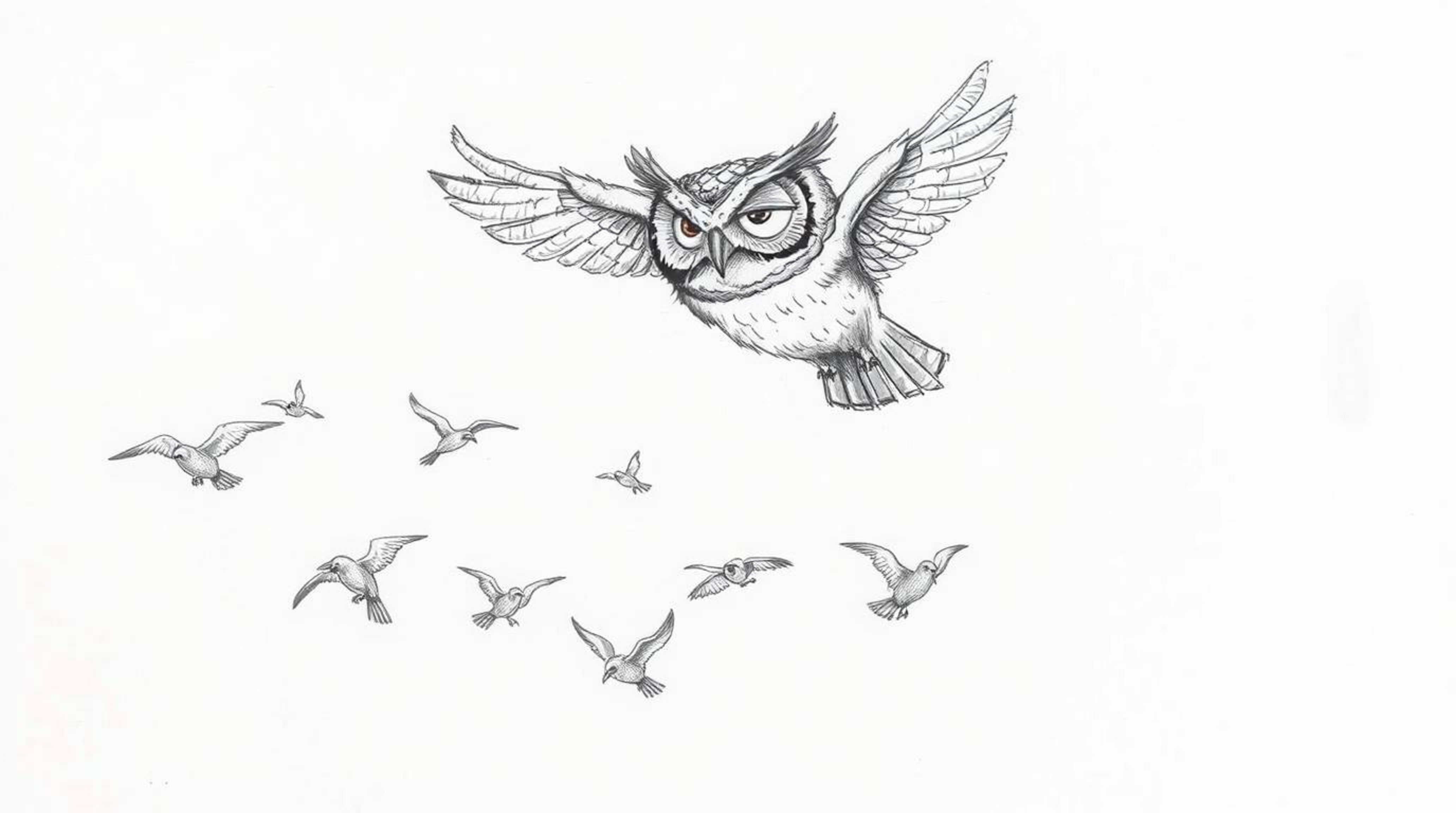 A captivating hand-drawn sketch reminiscent of Pixar's style, portrays a blind owl in mid-flight, guiding a flock of birds. T