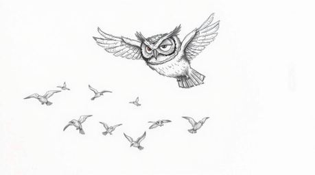 A captivating hand-drawn sketch reminiscent of Pixar's style, portrays a blind owl in mid-flight, guiding a flock of birds. T