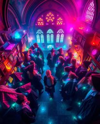 Explore a breathtaking, high-angle view of a magical school teeming with young wizards, their surroundings alive with biolumi