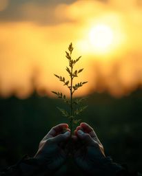 A captivating photograph showcasing hands delicately planting a tree beneath a radiant golden sky. The image is characterized