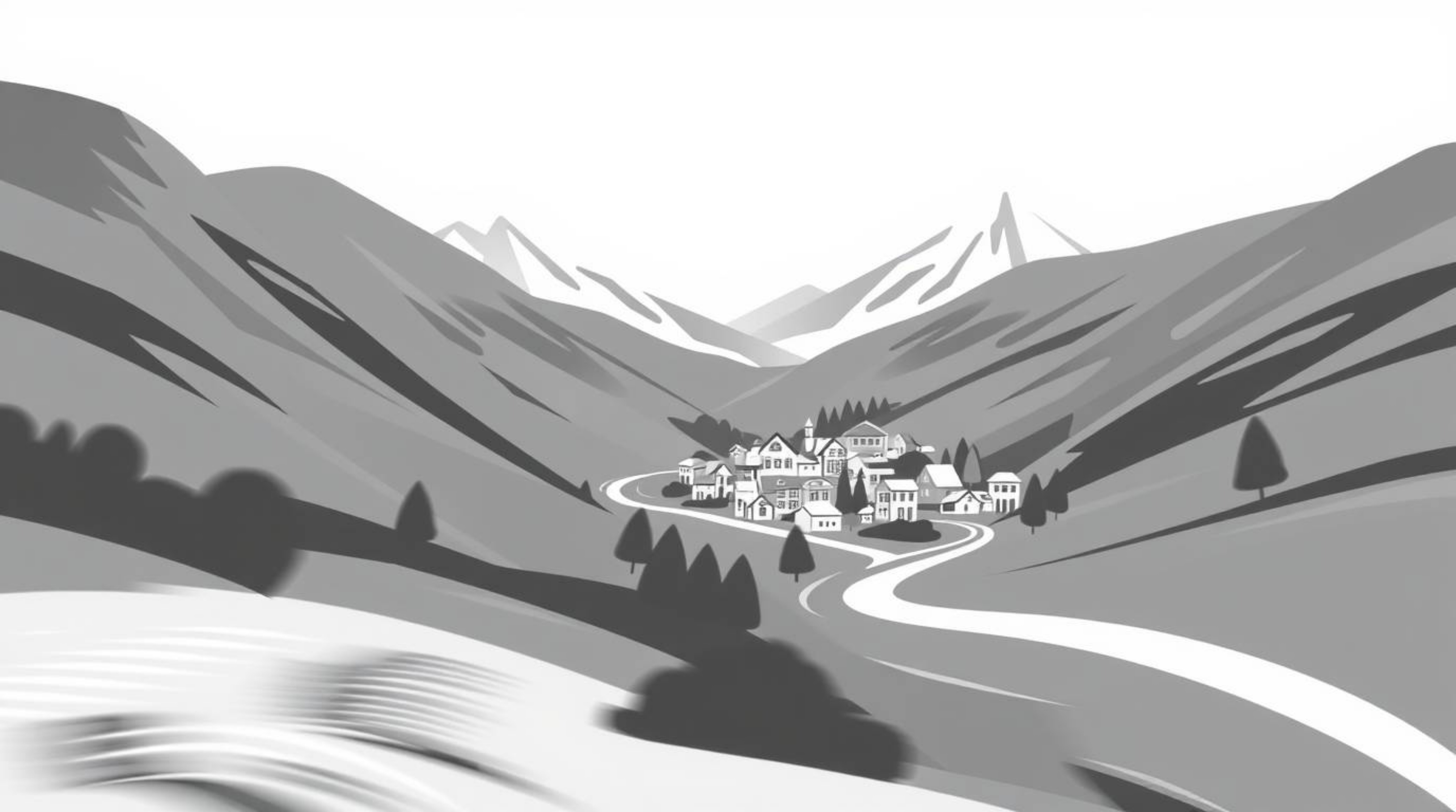 Explore a world of modern flat design blending classic black and white with dynamic motion. Discover cozy villages nestled in