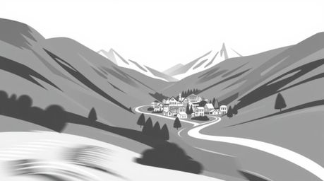 Explore a world of modern flat design blending classic black and white with dynamic motion. Discover cozy villages nestled in