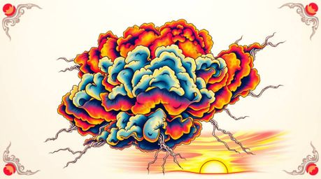 This vibrant art print features a dynamic tattoo design of thunderstorm clouds illuminated by the warm light of the setting s