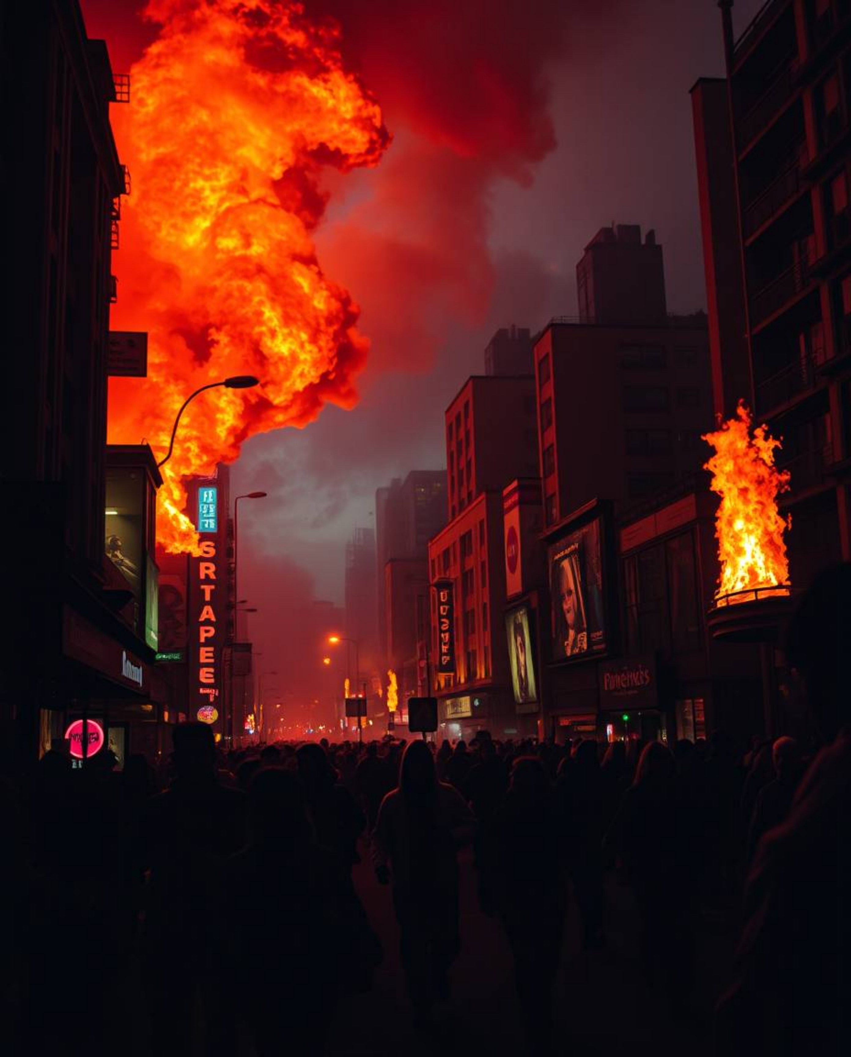 Experience a scene of intense and unsettling energy. A city is engulfed in flames, forcing people to flee in all directions u