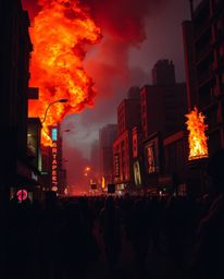 Experience a scene of intense and unsettling energy. A city is engulfed in flames, forcing people to flee in all directions u