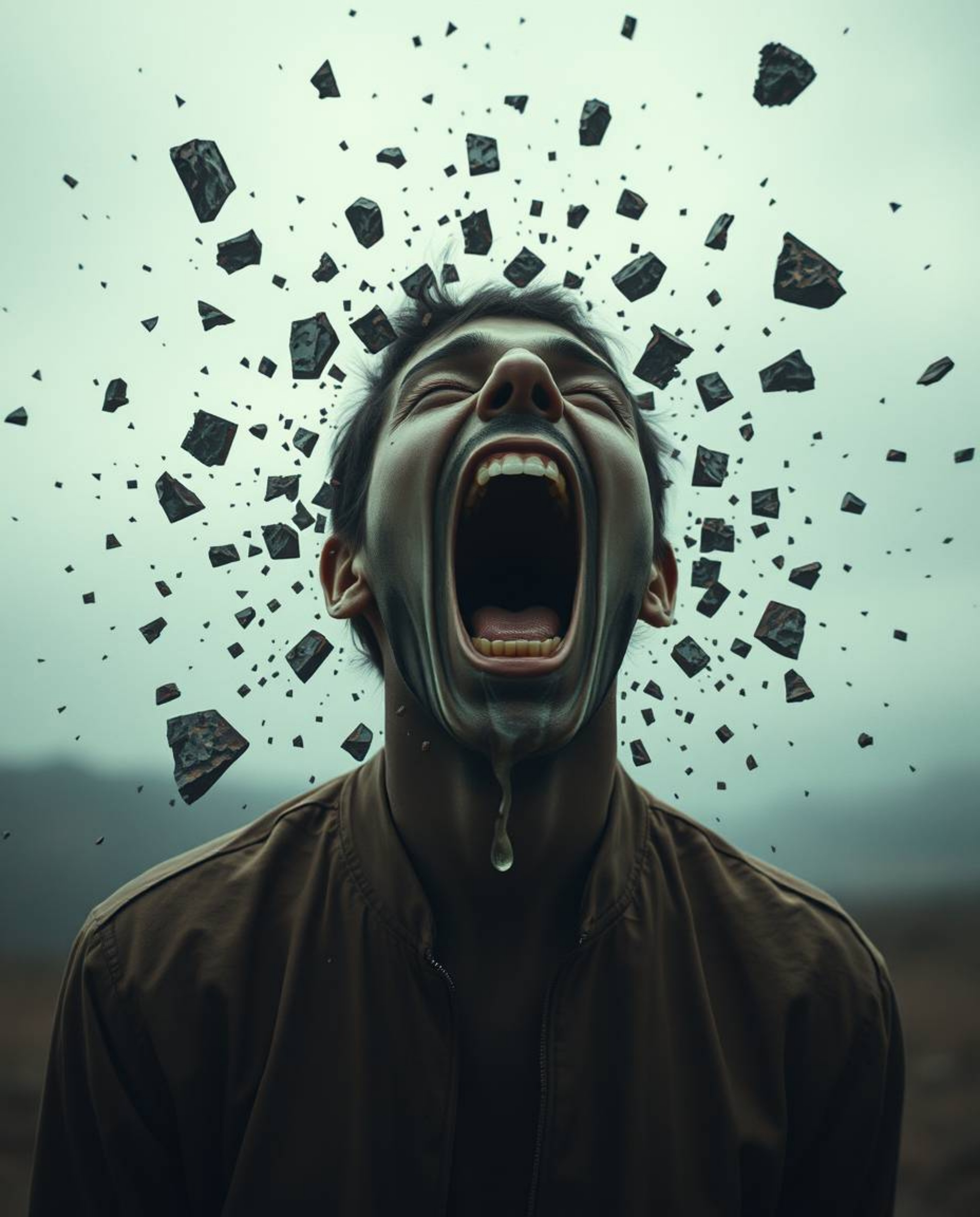 A chilling digital art piece depicting a person screaming as their world crumbles into pixels.  The unsettling scene is rende