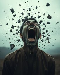 A chilling digital art piece depicting a person screaming as their world crumbles into pixels.  The unsettling scene is rende